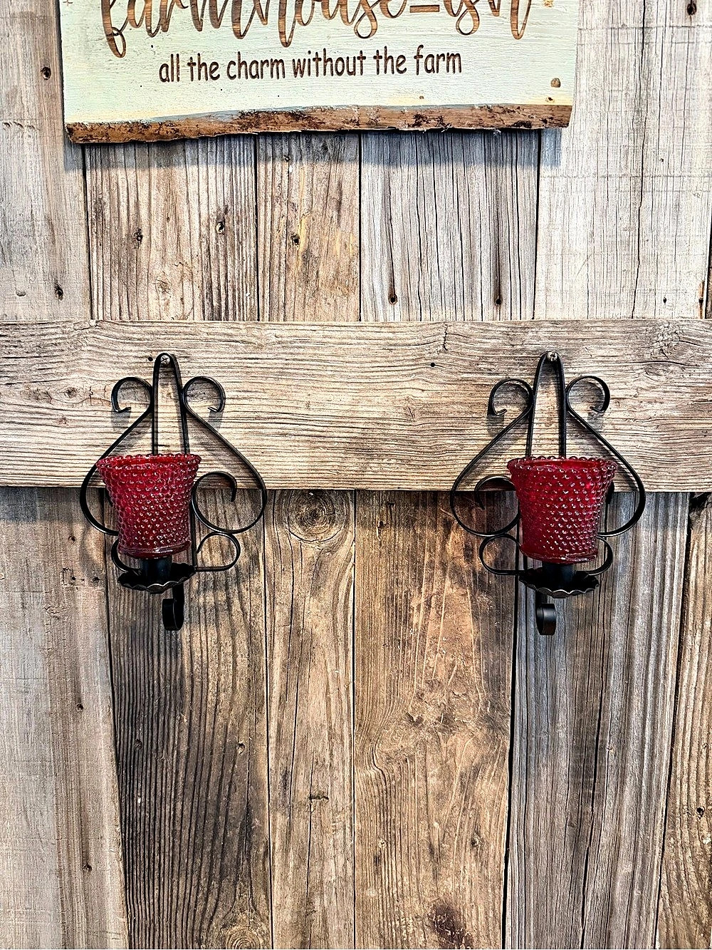 (2) vintage black gothic wrought iron wall sconces w/ red glass votive cups